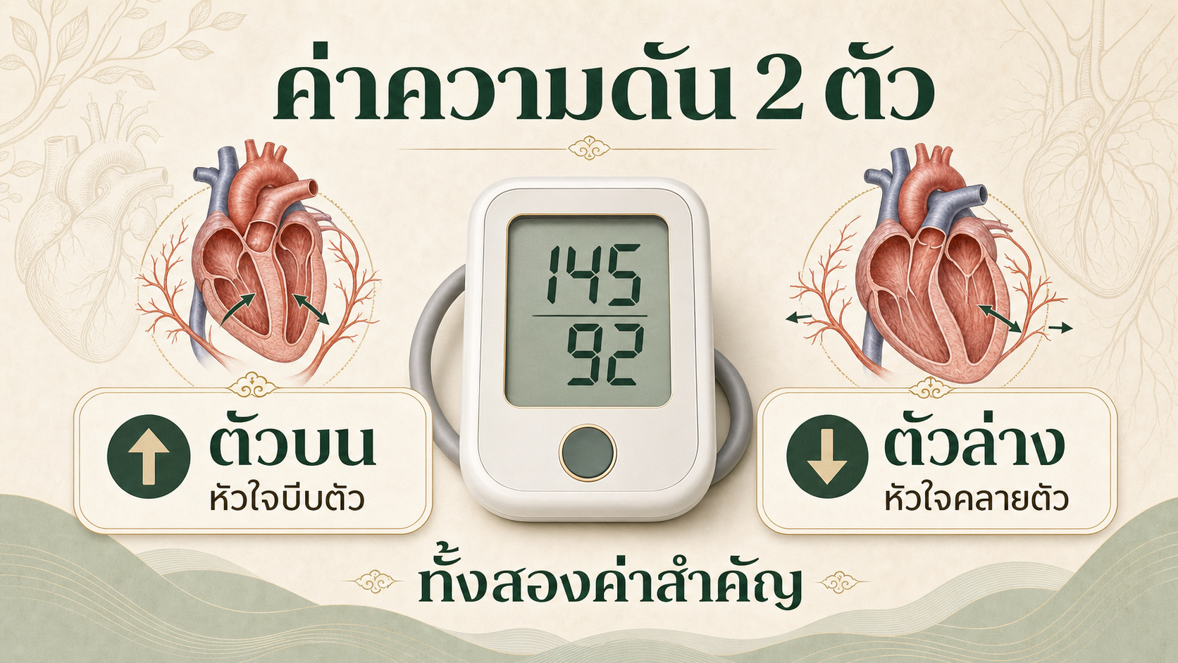 อินโฟกราฟิกอธิบายค่าความดันตัวบนและตัวล่าง พร้อมเครื่องวัด 145 ต่อ 92