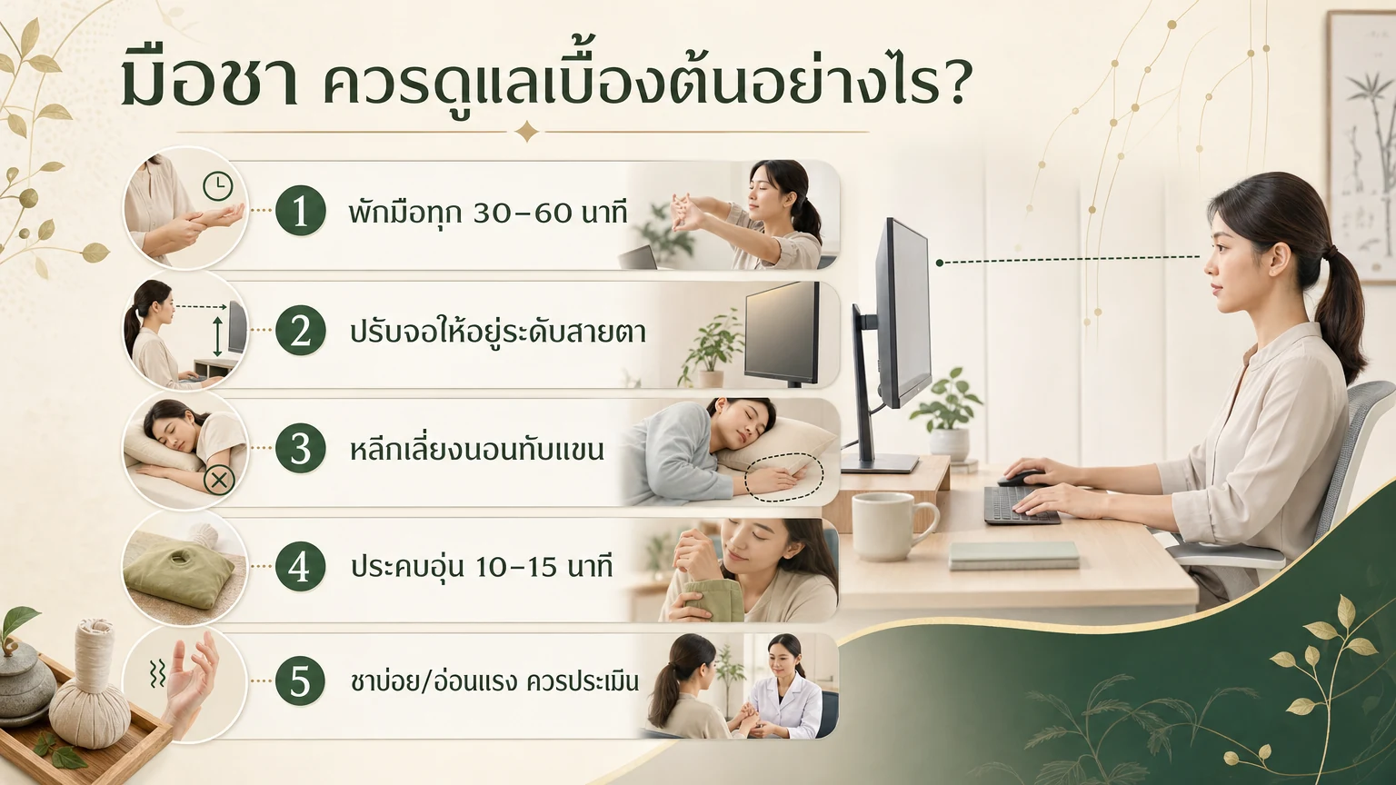 อินโฟกราฟิกวิธีดูแลเบื้องต้นเมื่อมีอาการมือชา เช่น พักมือ ปรับจอ หลีกเลี่ยงนอนทับแขน ประคบอุ่น และประเมินเมื่อชาบ่อยหรืออ่อนแรง