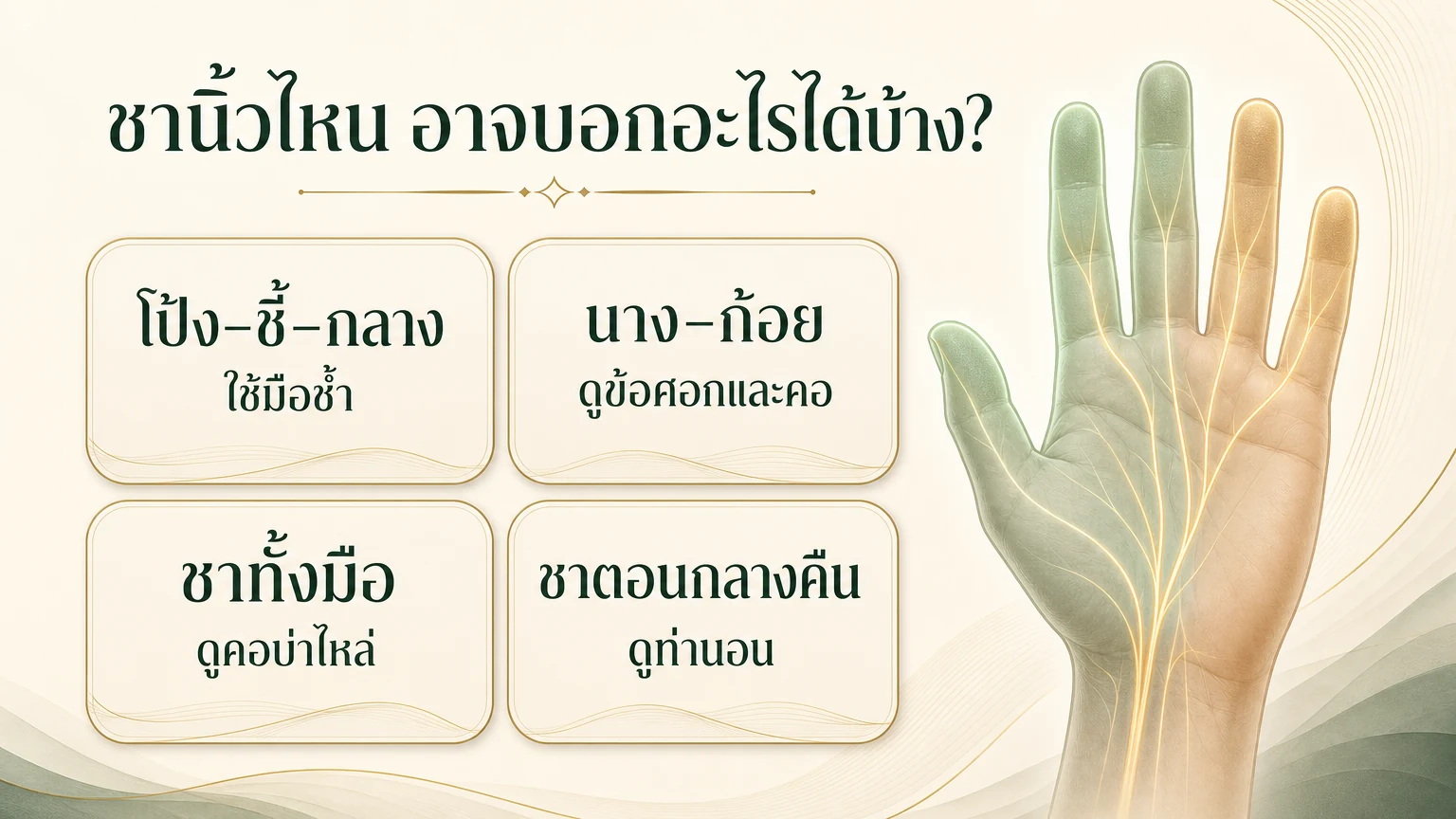 อินโฟกราฟิกตำแหน่งนิ้วที่ชา เช่น นิ้วโป้ง นิ้วชี้ นิ้วกลาง นิ้วนาง นิ้วก้อย และความสัมพันธ์กับข้อมือ ข้อศอก คอ บ่า ไหล่