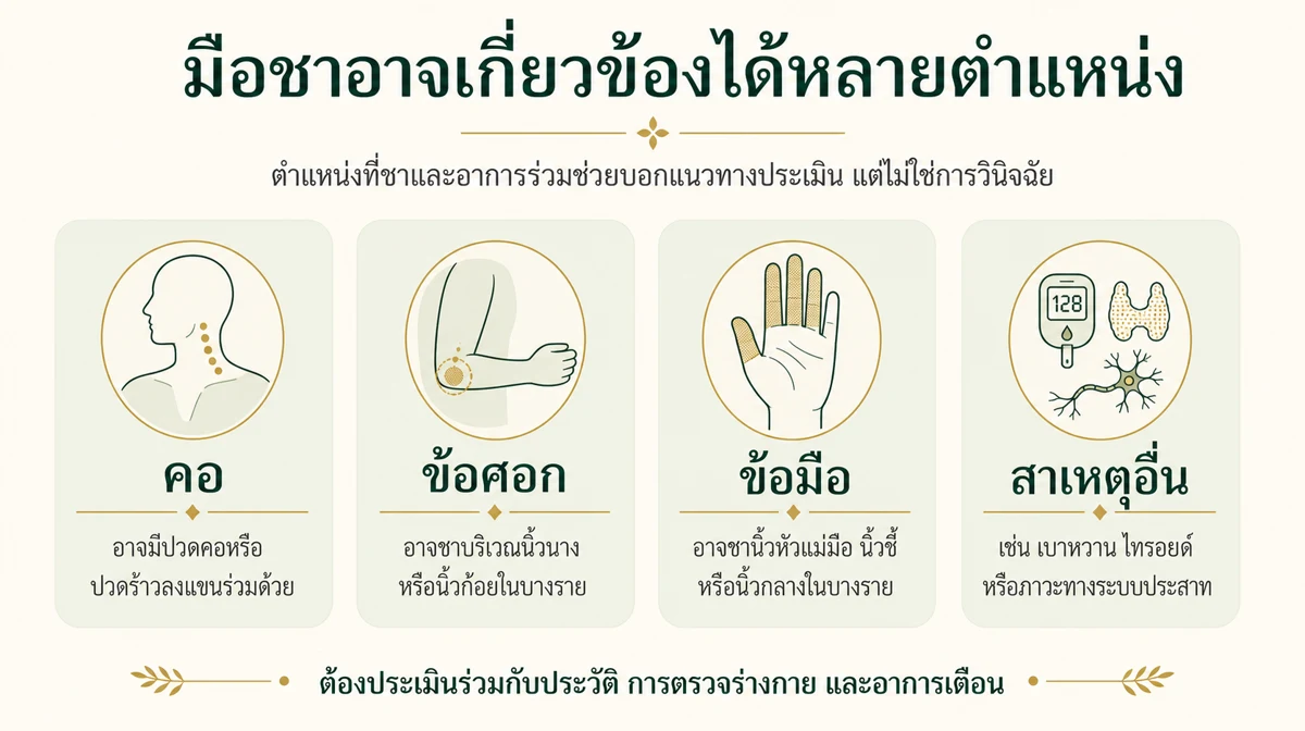 อินโฟกราฟิกแสดงจุดที่อาจเกี่ยวข้องกับมือชา ได้แก่ คอ ข้อศอก ข้อมือ และสาเหตุสุขภาพอื่น