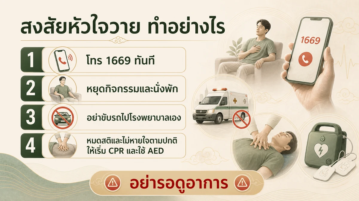 ขั้นตอนเมื่อสงสัยหัวใจวาย โทร 1669 หยุดกิจกรรม ไม่ขับรถเอง และเริ่ม CPR พร้อมใช้ AED เมื่อหมดสติไม่หายใจตามปกติ