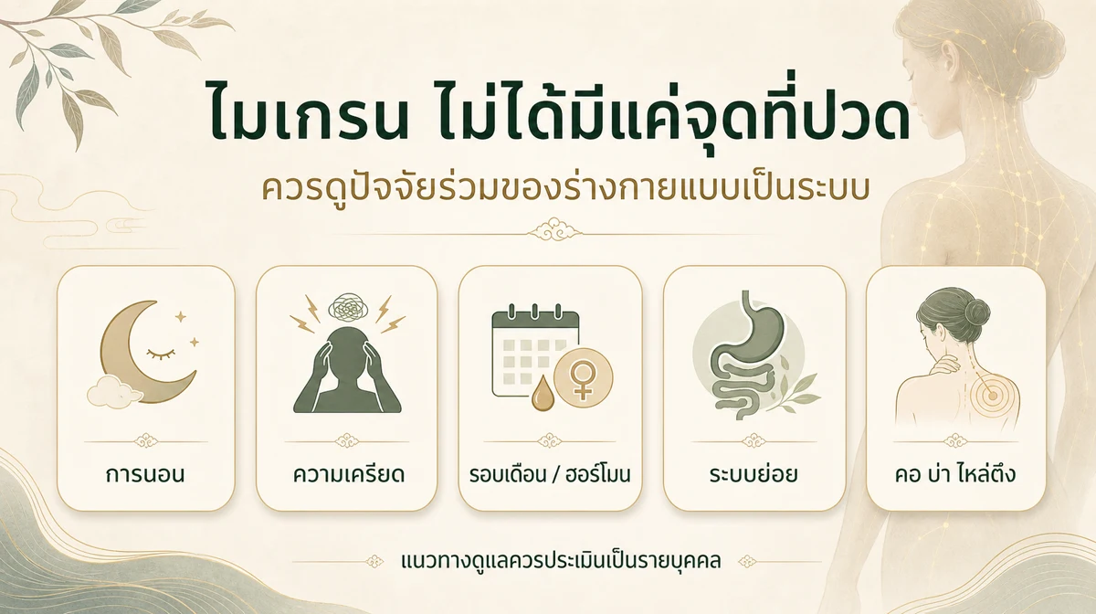 ปัจจัยร่วมของไมเกรน เช่น การนอน ความเครียด ฮอร์โมน ระบบย่อย และคอ บ่า ไหล่ตึง