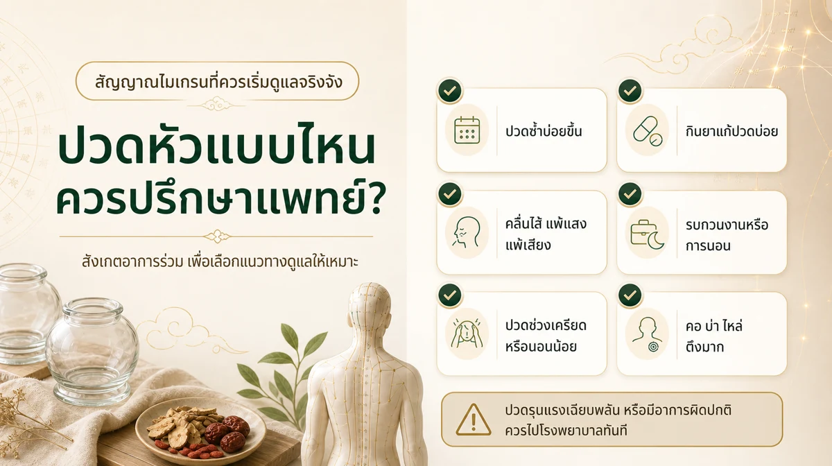 สัญญาณไมเกรนที่ควรปรึกษาแพทย์ เช่น ปวดซ้ำบ่อย กินยาแก้ปวดบ่อย คลื่นไส้ แพ้แสง แพ้เสียง
