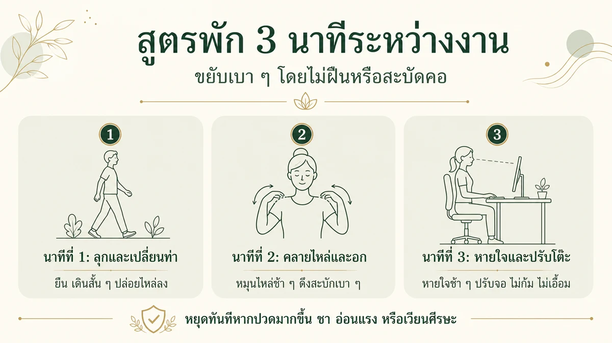 อินโฟกราฟิกสูตรพัก 3 นาที ได้แก่ ลุกเปลี่ยนท่า คลายไหล่และอก หายใจและปรับโต๊ะ
