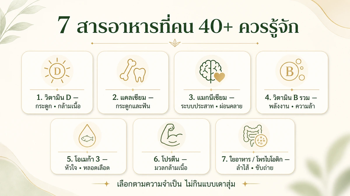 อินโฟกราฟิก 7 สารอาหารสำคัญสำหรับคนวัย 40 ปีขึ้นไป เช่น วิตามิน D แคลเซียม แมกนีเซียม วิตามิน B โอเมก้า 3 โปรตีน และใยอาหาร