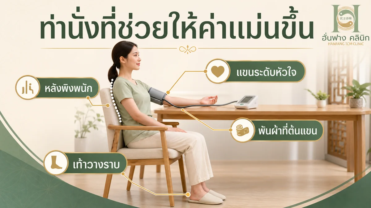 ท่านั่งวัดความดันที่ถูกต้อง หลังพิง เท้าวางราบ แขนระดับหัวใจ