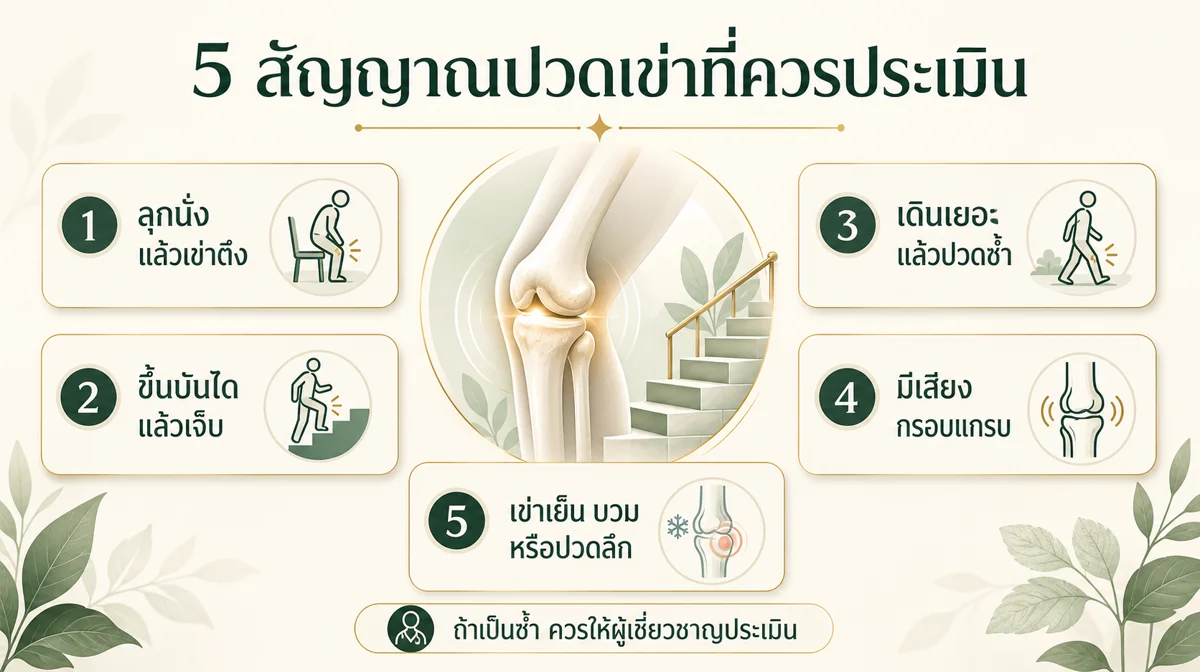 อินโฟกราฟิก 5 สัญญาณปวดเข่าที่ควรประเมิน เช่น ลุกนั่งแล้วเข่าตึง ขึ้นบันไดแล้วเจ็บ เดินเยอะแล้วปวดซ้ำ มีเสียงกรอบแกรบ และเข่าเย็นบวมหรือปวดลึก