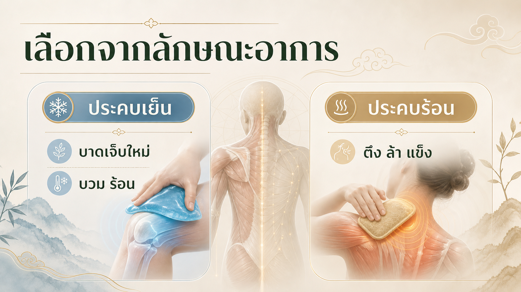 อินโฟกราฟิกเปรียบเทียบอาการที่เหมาะกับประคบเย็นและประคบร้อน