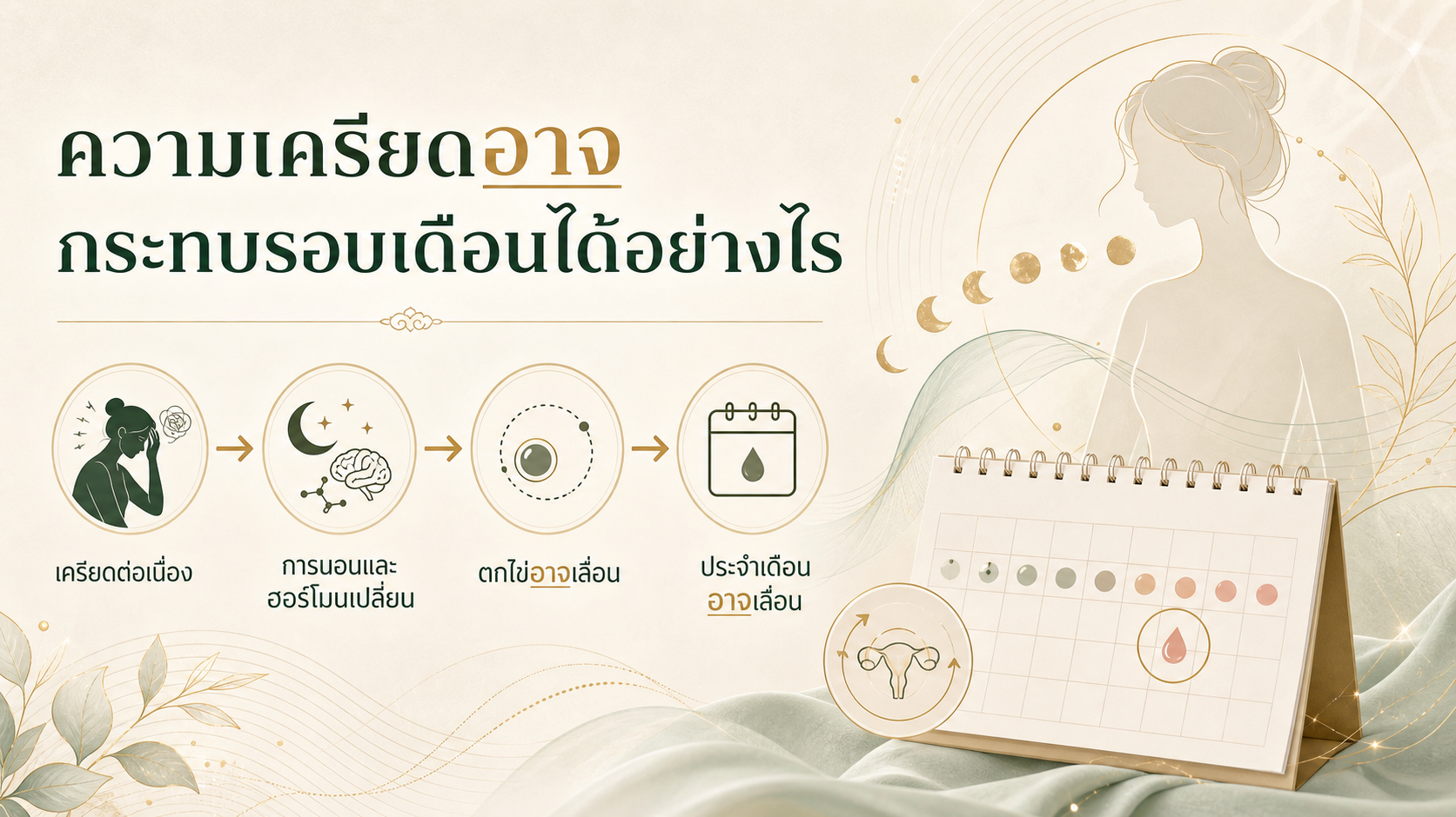 อินโฟกราฟิกความเครียด การนอน ฮอร์โมน และรอบเดือนที่อาจเลื่อน